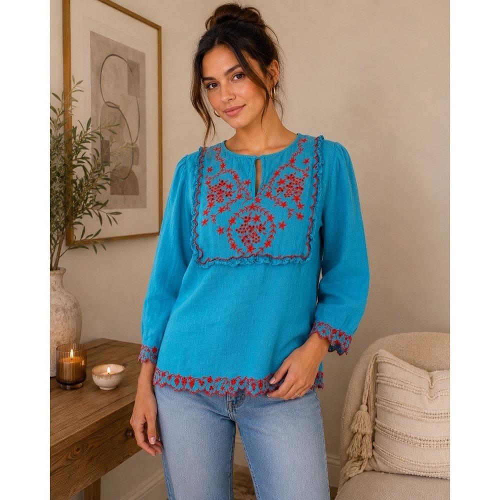 J.Crew 100% Linen Embroidered Tunic Top Blue‎ Red Boho 3/4 Sleeve Women's M